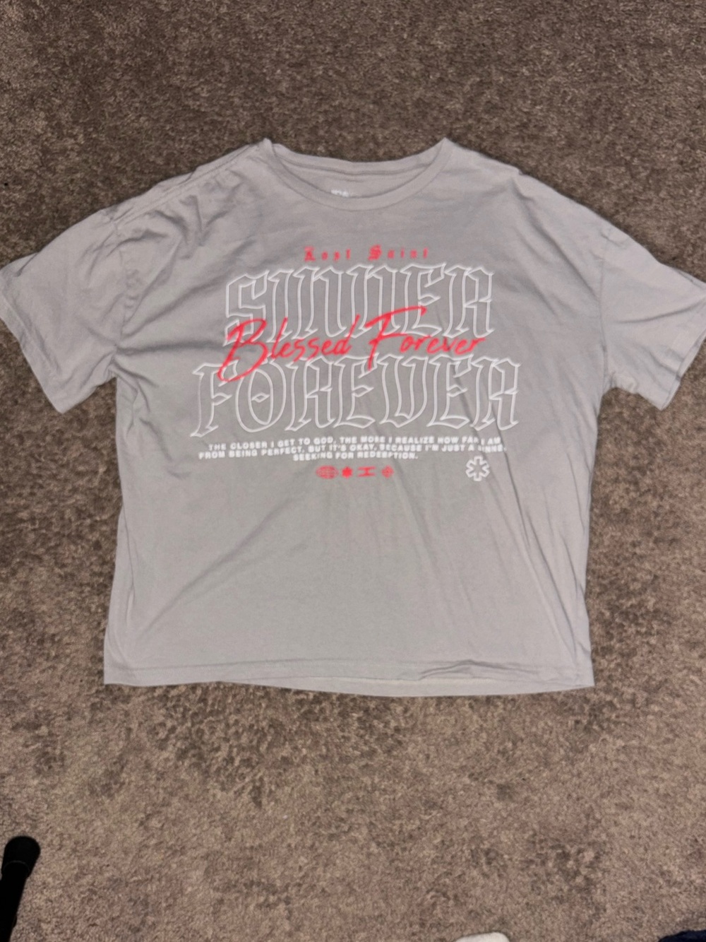 Fashion Nova Gray Tee with White and Red Graphic